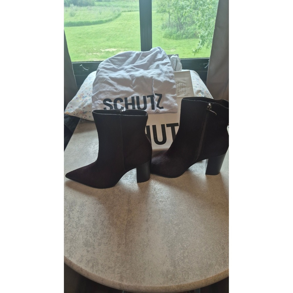 Schutz Brown Calf Hair Leather Ankle Boots Pointed Toe Block Heel Size 8.5B NWT - Picture 2 of 14